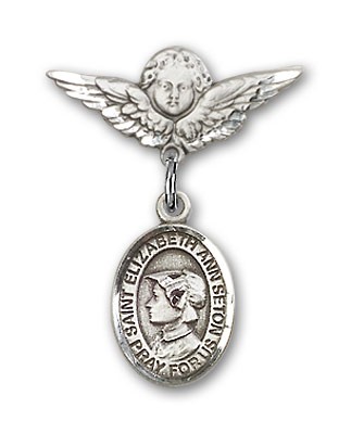 Pin Badge with St. Elizabeth Ann Seton Charm and Angel with Smaller Wings Badge Pin - Silver tone