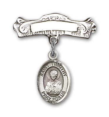 Pin Badge with St. Timothy Charm and Arched Polished Engravable Badge Pin - Silver tone