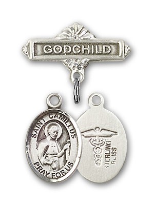 Pin Badge with St. Camillus of Lellis Charm and Godchild Badge Pin - Silver tone