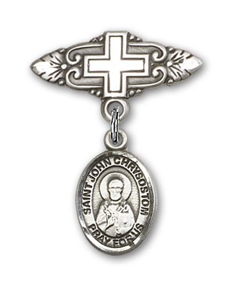 Pin Badge with St. John Chrysostom Charm and Badge Pin with Cross - Silver tone