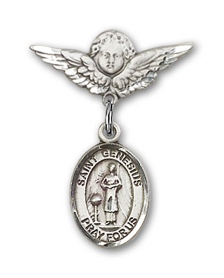 Pin Badge with St. Genesius of Rome Charm and Angel with Smaller Wings Badge Pin - Silver tone