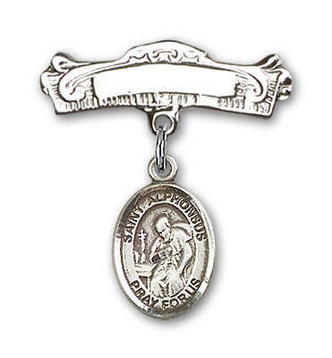 Pin Badge with St. Alphonsus Charm and Arched Polished Engravable Badge Pin - Silver tone