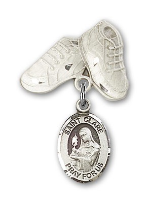Pin Badge with St. Clare of Assisi Charm and Baby Boots Pin - Silver tone