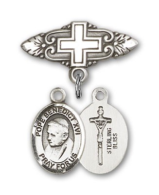 Pin Badge with Pope Benedict XVI Charm and Badge Pin with Cross - Silver tone