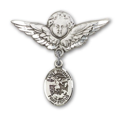 Pin Badge with St. Michael the Archangel Charm and Angel with Larger Wings Badge Pin - Silver tone