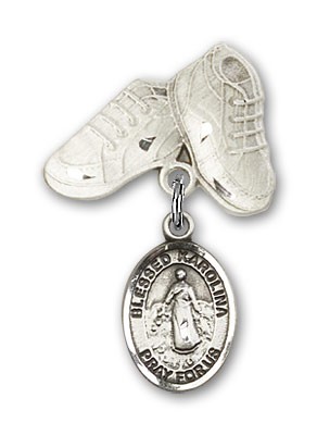 Pin Badge with Blessed Karolina Kozkowna Charm and Baby Boots Pin - Silver tone