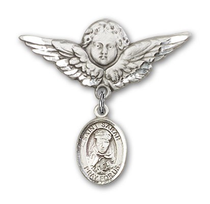 Pin Badge with St. Sarah Charm and Angel with Larger Wings Badge Pin - Silver tone