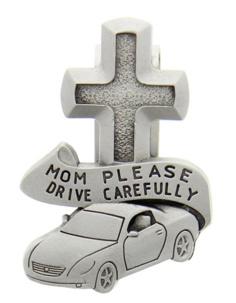 Mom Please Drive Carefully Visor Clip, Pewter - 2 1/2&quot;H - Silver
