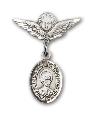 Pin Badge with St. Louis Marie de Montfort Charm and Angel with Smaller Wings Badge Pin - Silver tone