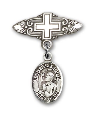 Pin Badge with St. Rene Goupil Charm and Badge Pin with Cross - Silver tone