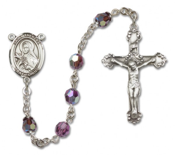 St. Theresa Sterling Silver Heirloom Rosary Fancy Crucifix - Amethyst