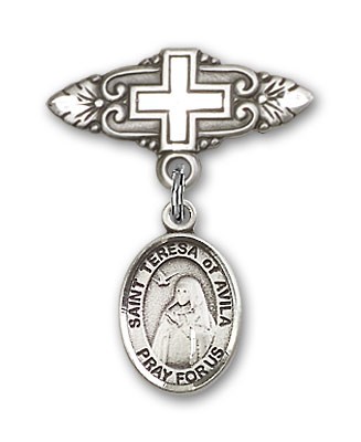 Pin Badge with St. Teresa of Avila Charm and Badge Pin with Cross - Silver tone