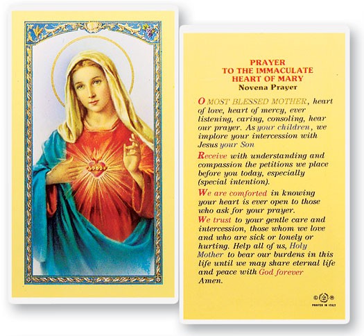 Novena Prayer To The Immaculate Heart of Mary Laminated Prayer Card - 25 Cards Per Pack .80 per card