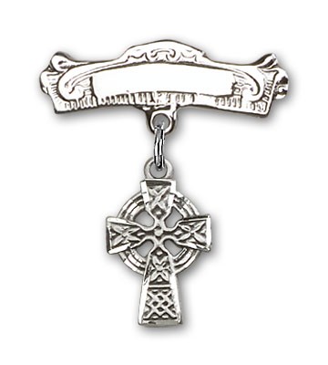 Pin Badge with Celtic Cross Charm and Arched Polished Engravable Badge Pin - Silver tone