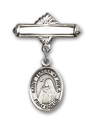 Pin Badge with St. Teresa of Avila Charm and Polished Engravable Badge Pin - Silver tone