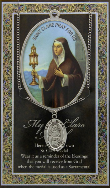 St. Clare Medal in Pewter with Bi-Fold Prayer Card - Silver tone