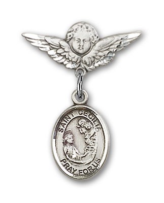 Pin Badge with St. Cecilia Charm and Angel with Smaller Wings Badge Pin - Silver tone
