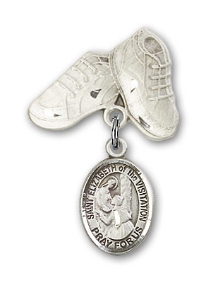 Pin Badge with St. Elizabeth of the Visitation Charm and Baby Boots Pin - Silver tone