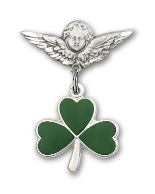 Pin Badge with Shamrock Charm and Angel with Smaller Wings Badge Pin - Silver tone