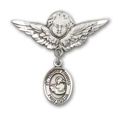 Pin Badge with St. Thomas Aquinas Charm and Angel with Larger Wings Badge Pin - Silver tone