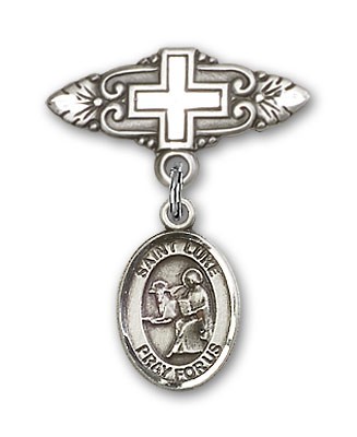 Pin Badge with St. Luke the Apostle Charm and Badge Pin with Cross - Silver tone