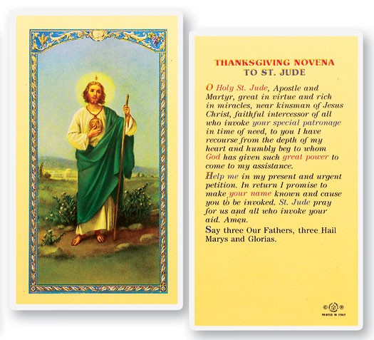 Thanksgiving Novena, St. Jude Laminated Prayer Card - 25 Cards Per Pack .80 per card