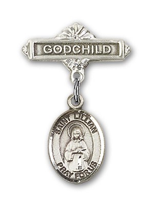 Pin Badge with St. Lillian Charm and Godchild Badge Pin - Silver tone