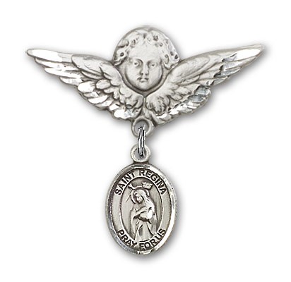 Pin Badge with St. Regina Charm and Angel with Larger Wings Badge Pin - Silver tone
