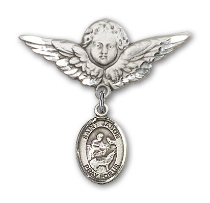 Pin Badge with St. Jason Charm and Angel with Larger Wings Badge Pin - Silver tone