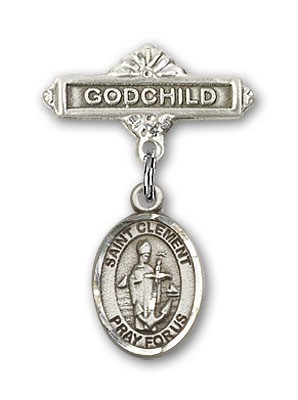 Pin Badge with St. Clement Charm and Godchild Badge Pin - Silver tone