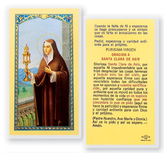 Oracion A Santa Clara De Asis Laminated Spanish Prayer Card - 25 Cards Per Pack .80 per card