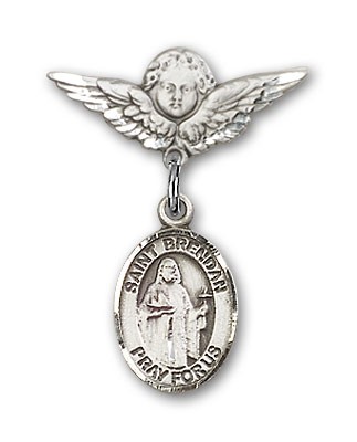 Pin Badge with St. Brendan the Navigator Charm and Angel with Smaller Wings Badge Pin - Silver tone
