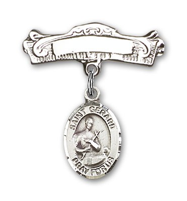 Pin Badge with St. Gerard Charm and Arched Polished Engravable Badge Pin - Silver tone