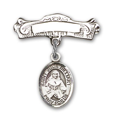 Pin Badge with St. Julie Billiart Charm and Arched Polished Engravable Badge Pin - Silver tone