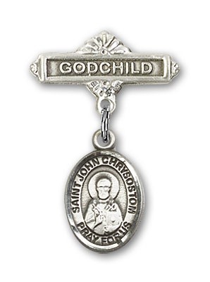 Pin Badge with St. John Chrysostom Charm and Godchild Badge Pin - Silver tone
