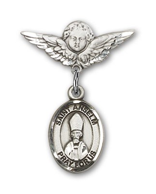 Pin Badge with St. Anselm of Canterbury Charm and Angel with Smaller Wings Badge Pin - Silver tone