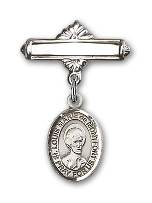 Pin Badge with St. Louis Marie de Montfort Charm and Polished Engravable Badge Pin - Silver tone