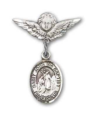 Pin Badge with St. John the Baptist Charm and Angel with Smaller Wings Badge Pin - Silver tone
