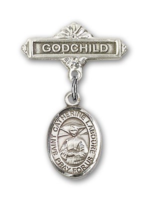 Pin Badge with St. Catherine Laboure Charm and Godchild Badge Pin - Silver tone