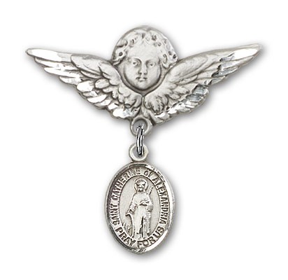 Pin Badge with St. Catherine of Alexandria Charm and Angel with Larger Wings Badge Pin - Silver tone