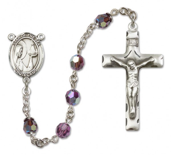 Our Lady of the Sea Sterling Silver Heirloom Rosary Squared Crucifix - Amethyst