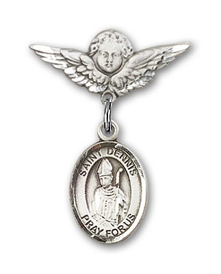 Pin Badge with St. Dennis Charm and Angel with Smaller Wings Badge Pin - Silver tone
