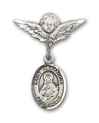 Pin Badge with St. Alexandra Charm and Angel with Smaller Wings Badge Pin - Silver tone