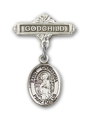 Pin Badge with St. Christina the Astonishing Charm and Godchild Badge Pin - Silver tone