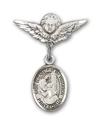 Pin Badge with St. Elizabeth of the Visitation Charm and Angel with Smaller Wings Badge Pin - Silver tone