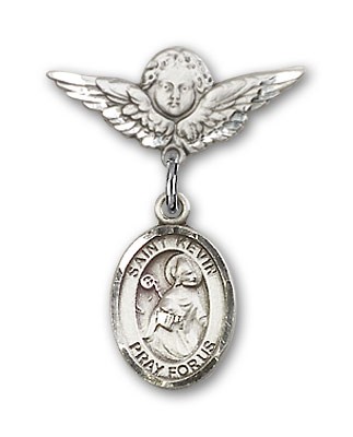 Pin Badge with St. Kevin Charm and Angel with Smaller Wings Badge Pin - Silver tone