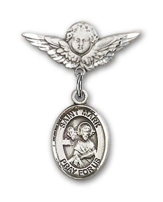 Pin Badge with St. Mark the Evangelist Charm and Angel with Smaller Wings Badge Pin - Silver tone