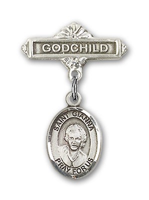 Pin Badge with St. Gianna Beretta Molla Charm and Godchild Badge Pin - Silver tone