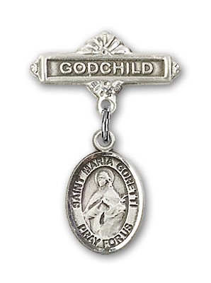 Pin Badge with St. Maria Goretti Charm and Godchild Badge Pin - Silver tone