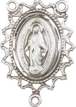 Open-Cut Lace Border Miraculous Medal Rosary Centerpiece - Sterling Silver
